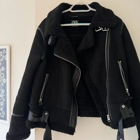ZARA Faux Fur Shearling Double Faced Moto Jacket with Belt